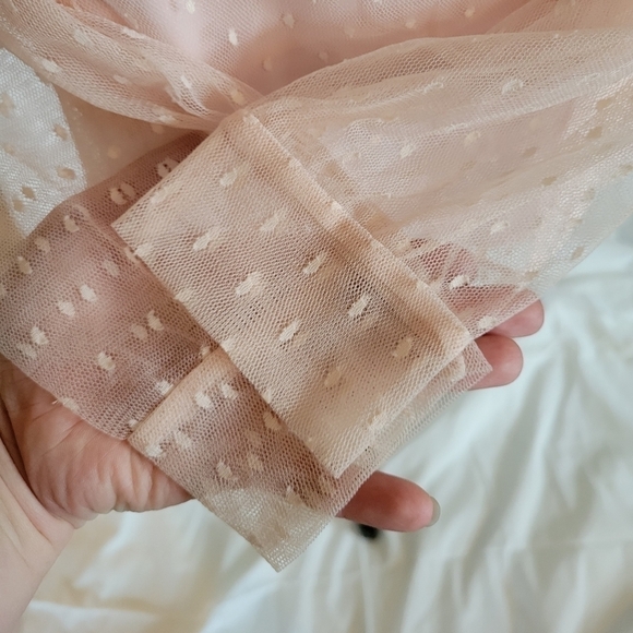 Express blush pink lace Swiss dot lined Victorian mock neck long sleeve blouse S - Picture 3 of 10